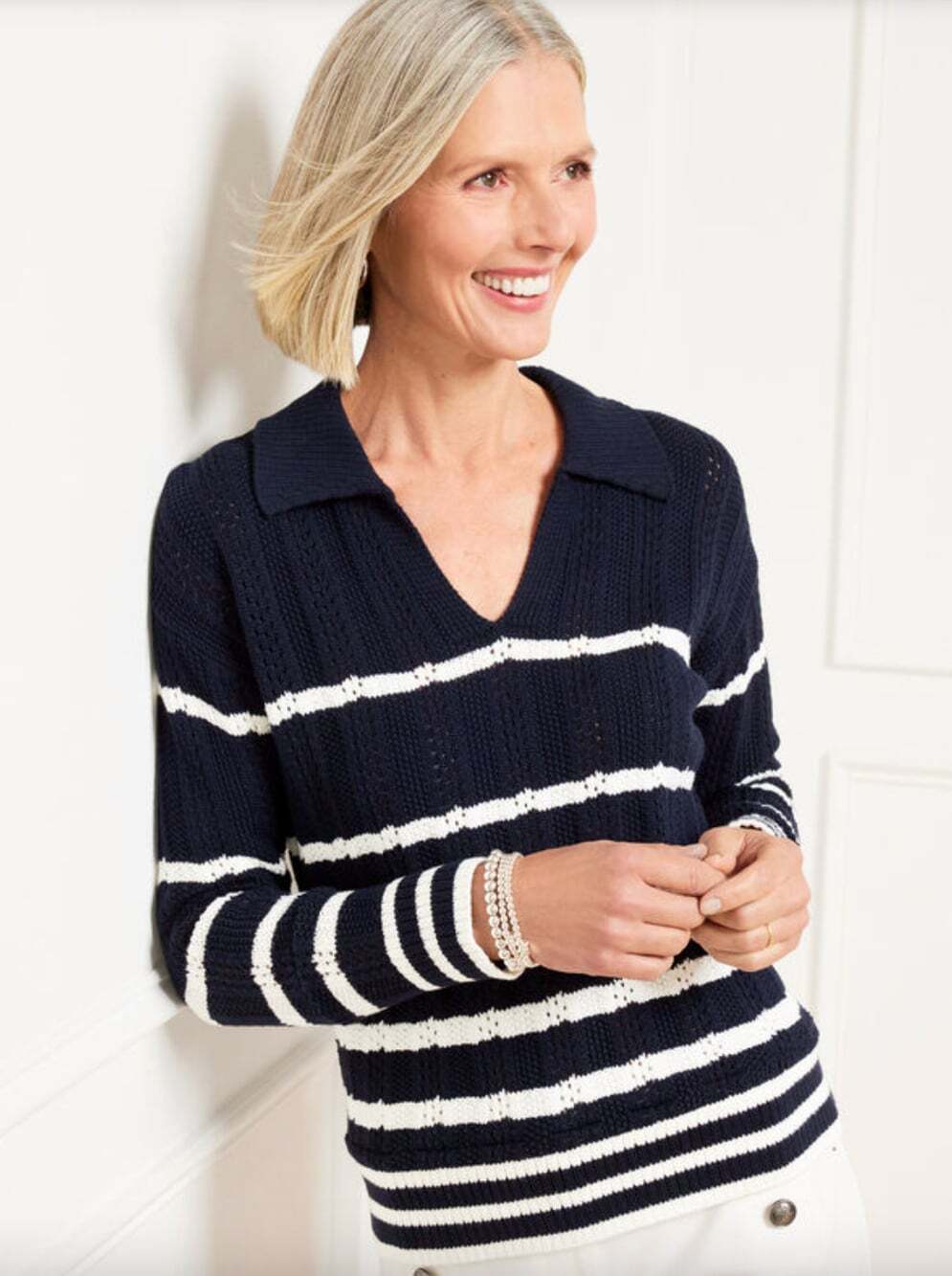 Talbots NWT Johnny Collar Sweater in Breton Stripe Navy White Size Medium Petite